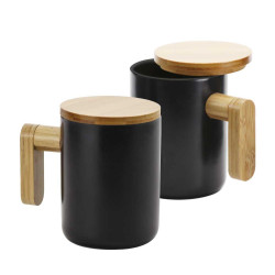 Black Ceramic Mug Bamboo Handle And Lid
